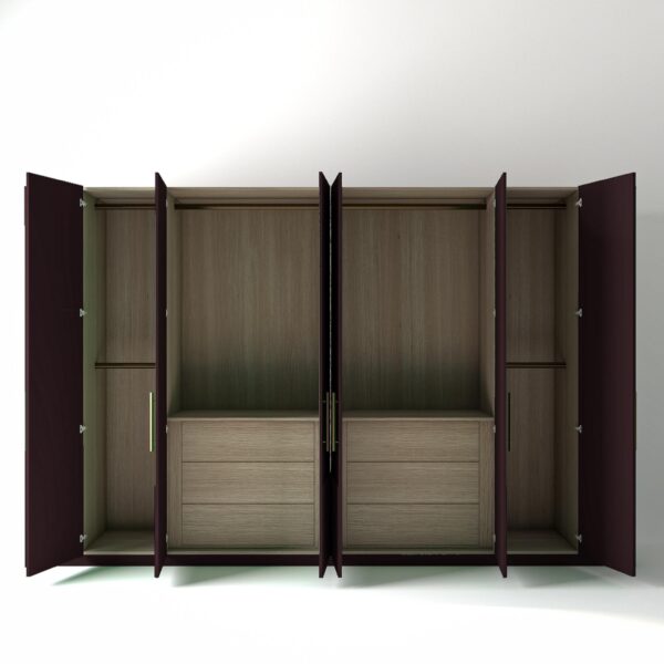3.6 metre wine coloured freestanding wardrobe by On-Trend Wardrobes, all doors open showing oak internals with a mix of hanging rails, slim shelving units and drawer units