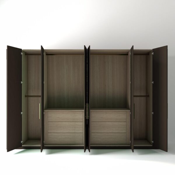 3.6 metre clay coloured freestanding wardrobe by On-Trend Wardrobes, all doors open showing oak internals with a mix of hanging rails, slim shelving units and drawer units