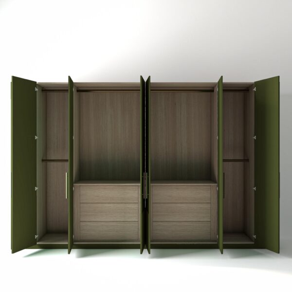 3.6 metre olive coloured freestanding wardrobe by On-Trend Wardrobes, all doors open showing oak internals with a mix of hanging rails, slim shelving units and drawer units