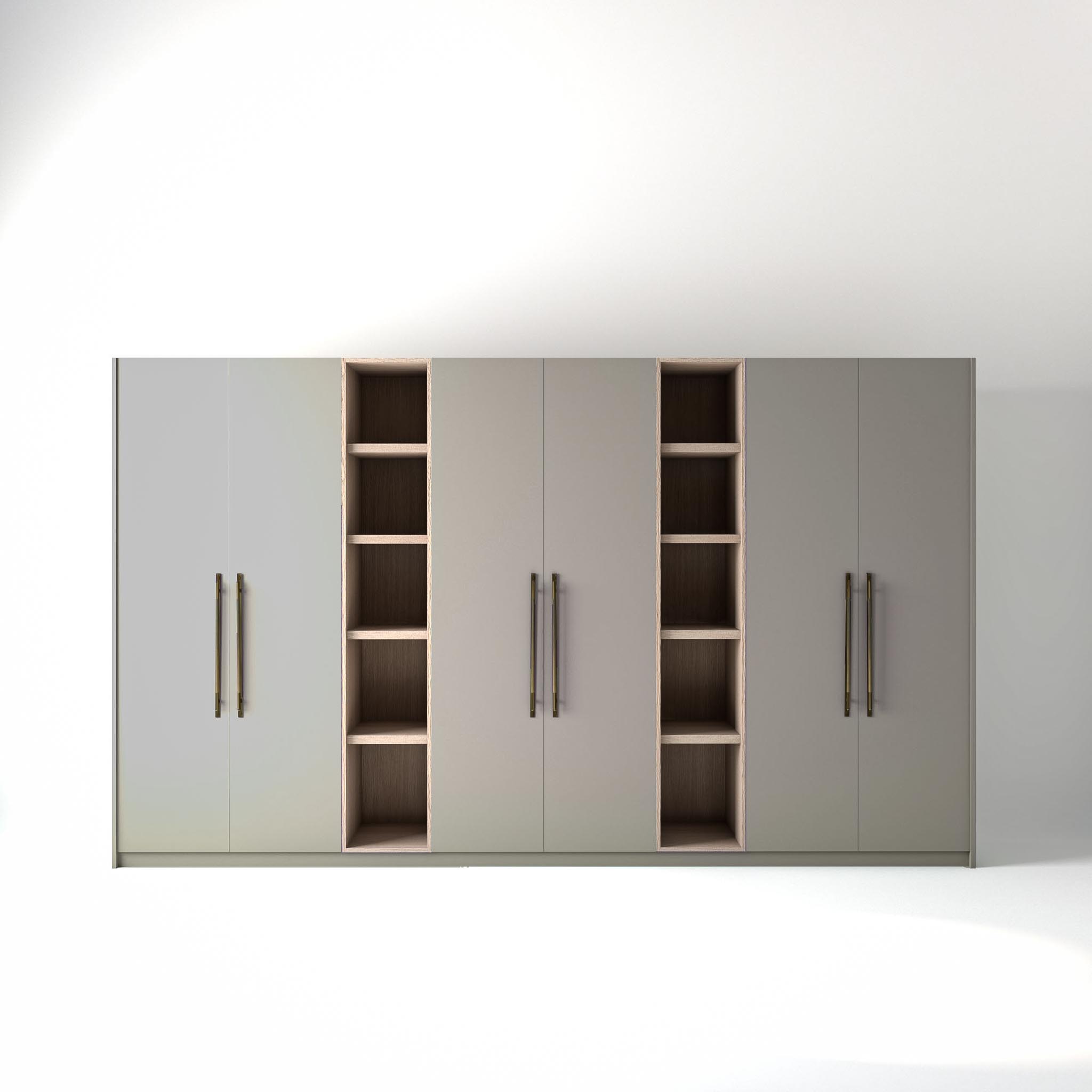 3.8 metre grey coloured freestanding wardrobe by On-Trend Wardrobes, with flat-panel door design and slim open oak shelving units between each wardrobe, in a white studio setting