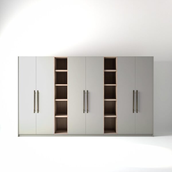3.8 metre light grey coloured freestanding wardrobe by On-Trend Wardrobes, with flat-panel door design and slim open oak shelving units between each wardrobe, in a white studio setting