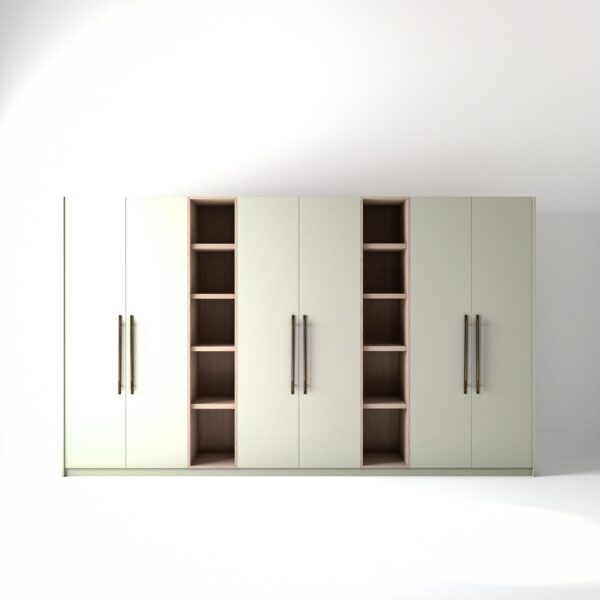 3.8 metre off-white coloured freestanding wardrobe by On-Trend Wardrobes, with flat-panel door design and slim open oak shelving units between each wardrobe, in a white studio setting