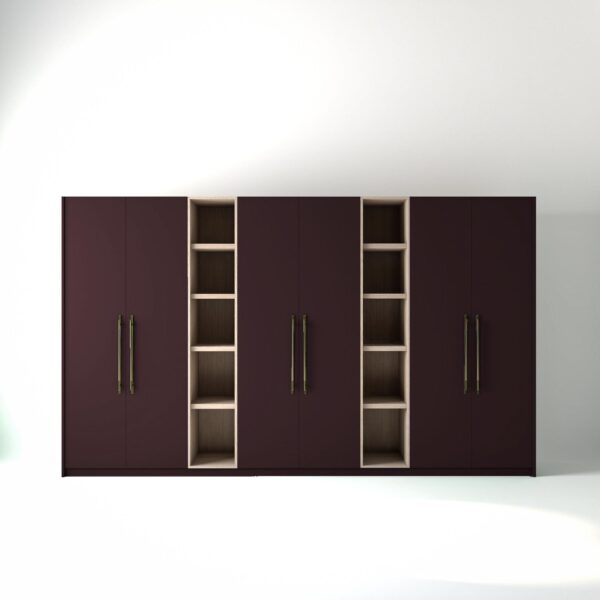 3.8 metre wine coloured freestanding wardrobe by On-Trend Wardrobes, with flat-panel door design and slim open oak shelving units between each wardrobe, in a white studio setting