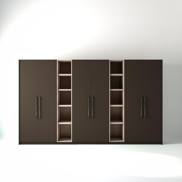 3.8 metre clay coloured freestanding wardrobe by On-Trend Wardrobes, with flat-panel door design and slim open oak shelving units between each wardrobe, in a white studio setting