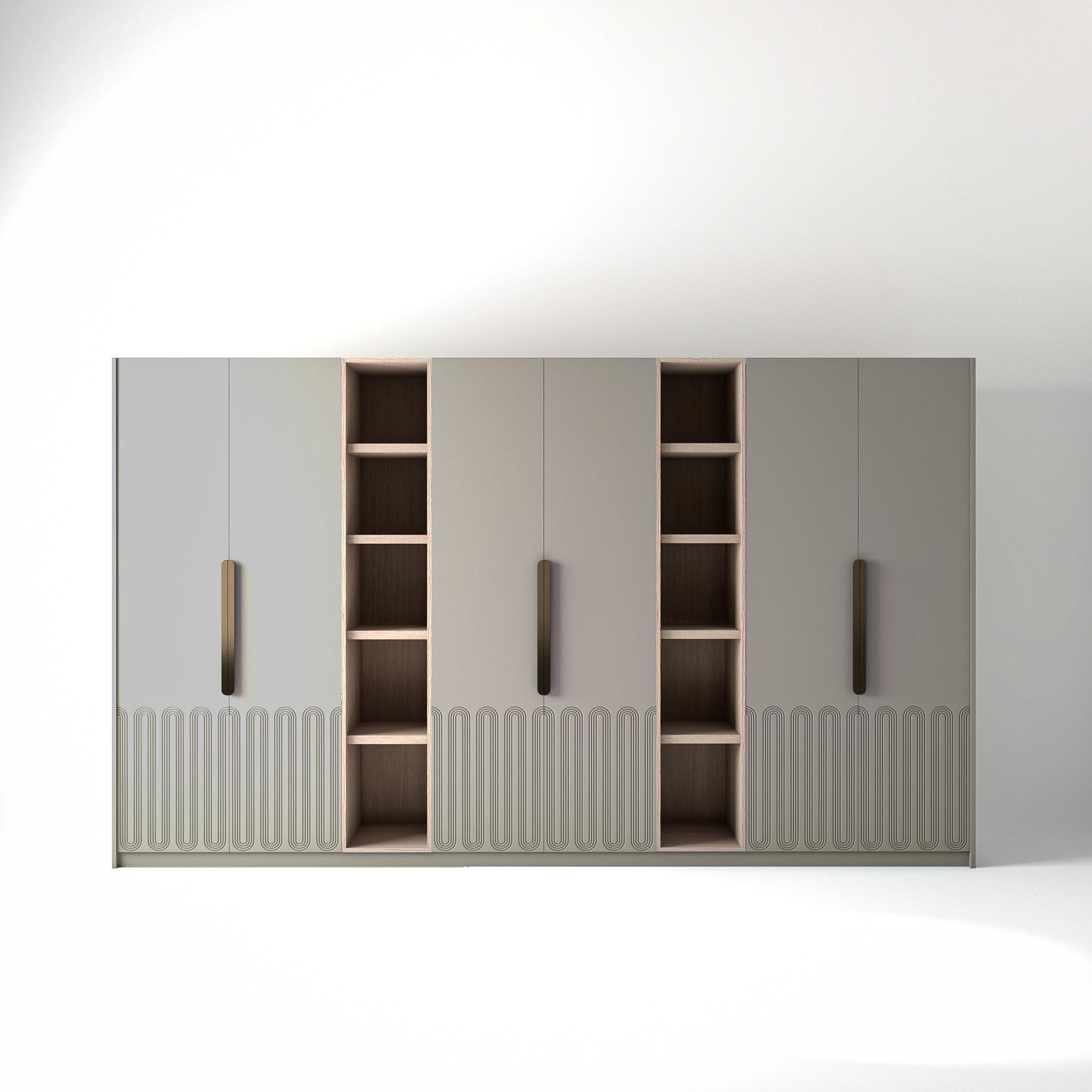 3.8 metre grey coloured freestanding wardrobe by On-Trend Wardrobes, with geo Miami door design and slim open oak shelving units between each wardrobe, in a white studio setting