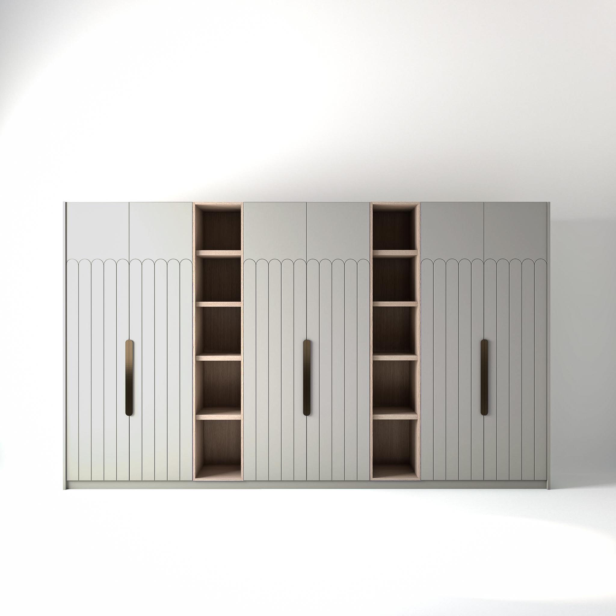 OnTrend 3.8m_0031_Geo Deco Elephants Breath 3.8 metre light grey coloured freestanding wardrobe by On-Trend Wardrobes, with geo deco door design and slim open oak shelving units between each wardrobe, in a white studio setting