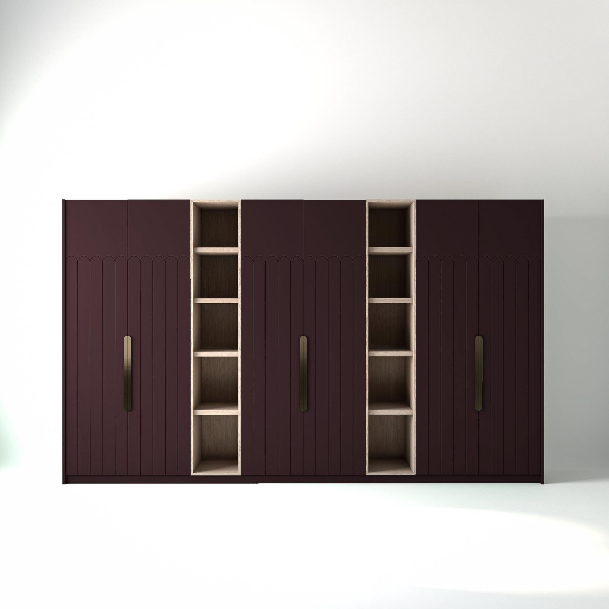 OnTrend 3.8m_0035_Geo Deco Brinjal 3.8 metre wine coloured freestanding wardrobe by On-Trend Wardrobes, with geo deco door design and slim open oak shelving units between each wardrobe, in a white studio setting