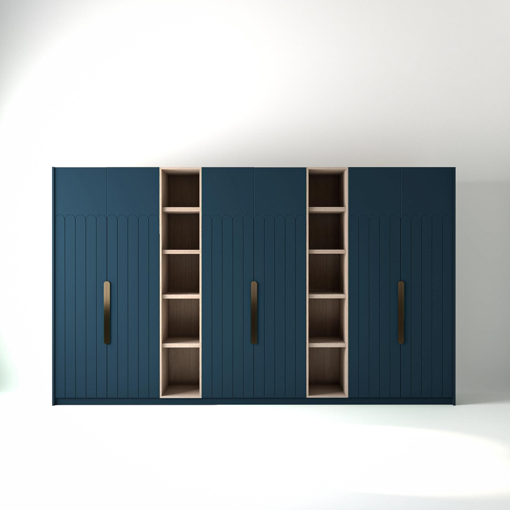 OnTrend 3.8m_0036_Geo Deco Hague Blue 3.8 metre blue coloured freestanding wardrobe by On-Trend Wardrobes, with geo deco door design and slim open oak shelving units between each wardrobe, in a white studio setting