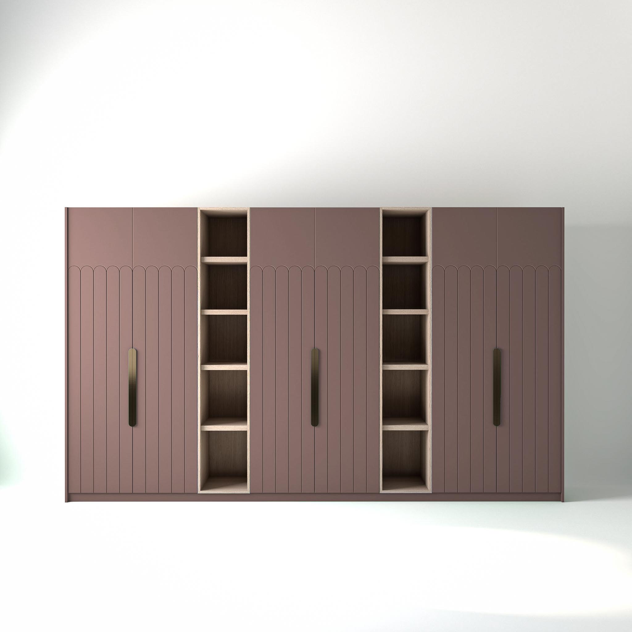 OnTrend 3.8m_0040_Geo Deco Sulking Pink 3.8 metre blush pink coloured freestanding wardrobe by On-Trend Wardrobes, with geo deco door design and slim open oak shelving units between each wardrobe, in a white studio setting