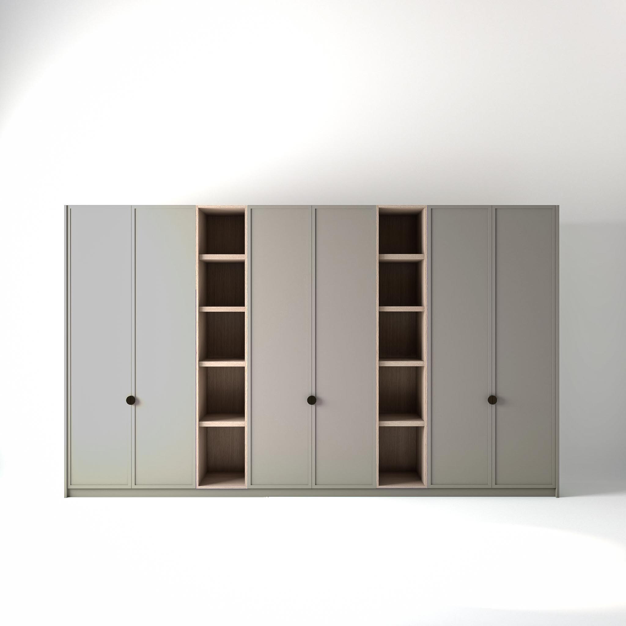 3.8 metre grey coloured freestanding wardrobe by On-Trend Wardrobes, with modern shaker door design and slim open oak shelving units between each wardrobe, in a white studio setting