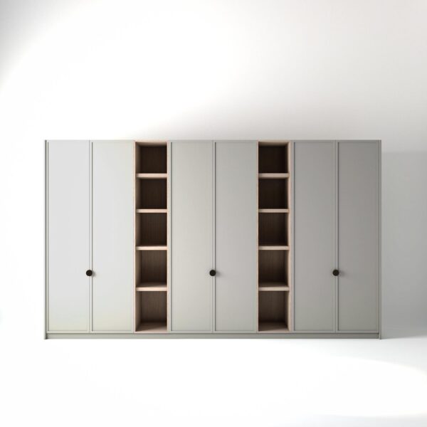 3.8 metre light grey coloured freestanding wardrobe by On-Trend Wardrobes, with modern shaker door design and slim open oak shelving units between each wardrobe, in a white studio setting