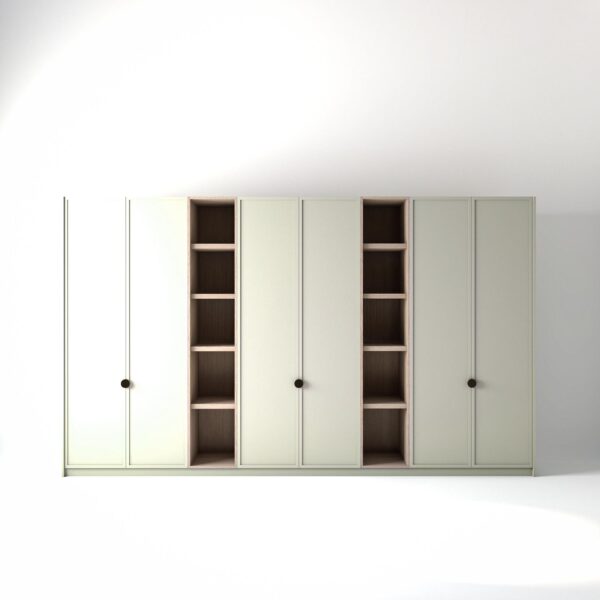 3.8 metre off-white coloured freestanding wardrobe by On-Trend Wardrobes, with modern shaker door design and slim open oak shelving units between each wardrobe, in a white studio setting