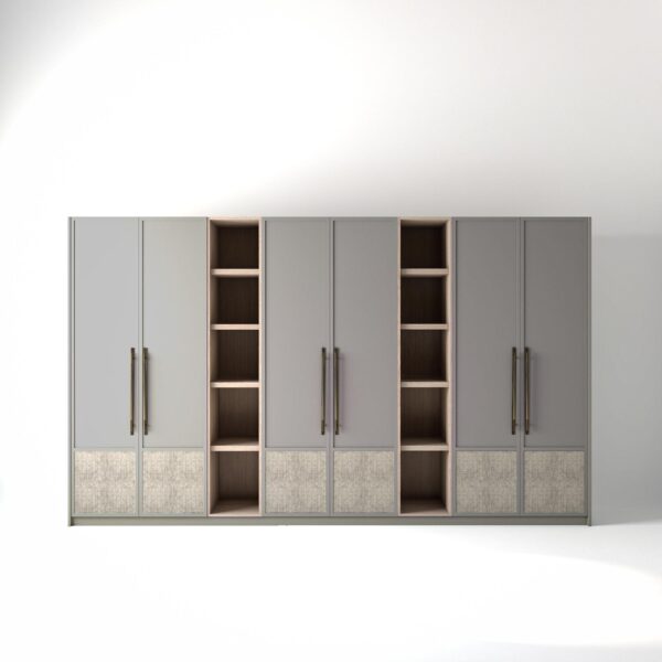 3.8 metre grey coloured freestanding wardrobe by On-Trend Wardrobes, with modern shaker door design including low fabric panel and slim open oak shelving units between each wardrobe, in a white studio setting
