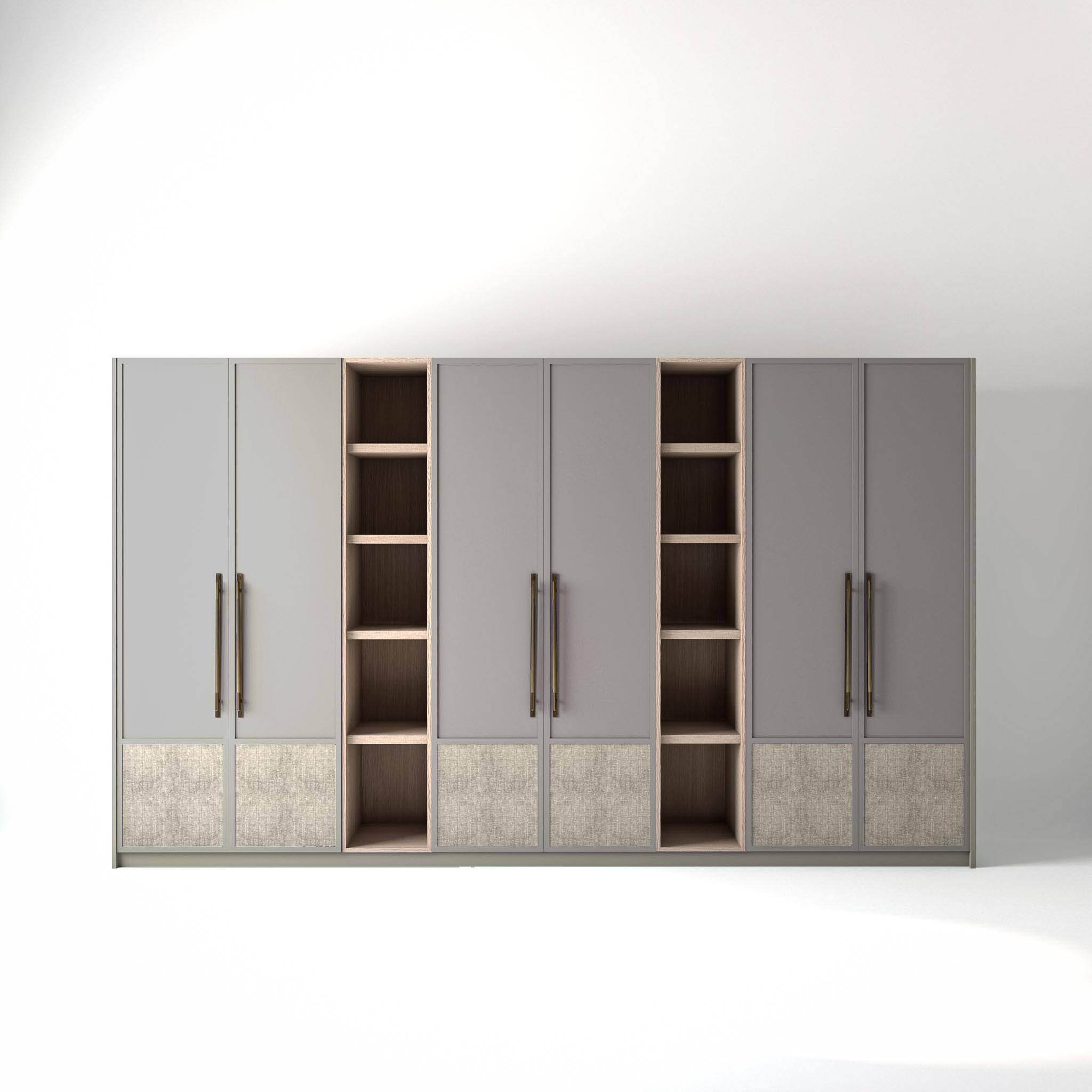 3.8 metre grey coloured freestanding wardrobe by On-Trend Wardrobes, with modern shaker door design including low fabric panel and slim open oak shelving units between each wardrobe, in a white studio setting