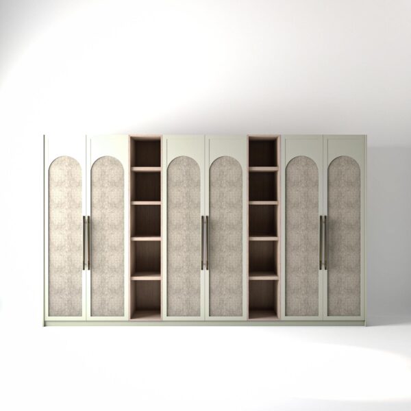 3.8 metre off-white coloured freestanding wardrobe by On-Trend Wardrobes, with arched shaker door design including central arched fabric panel and slim open oak shelving units between each wardrobe, in a white studio setting