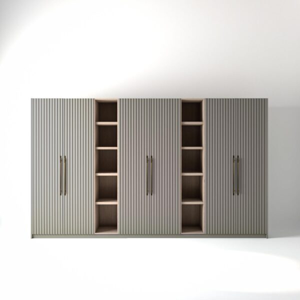 3.8 metre grey coloured freestanding wardrobe by On-Trend Wardrobes, with ribbed door design and slim open oak shelving units between each wardrobe, in a white studio setting