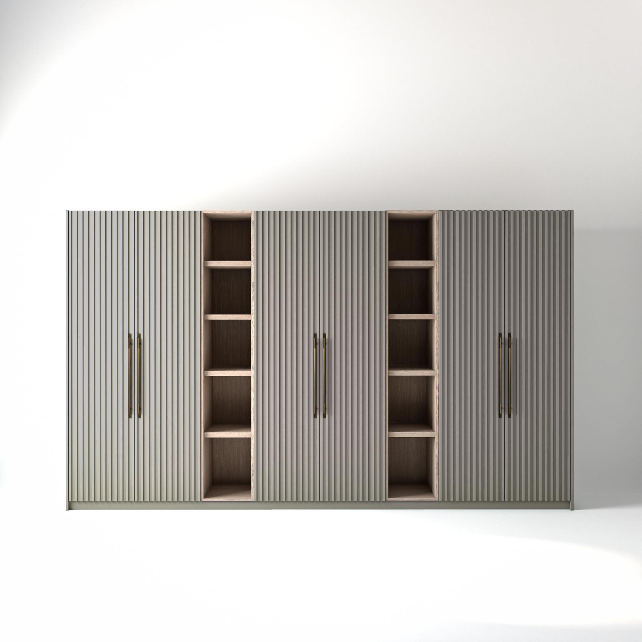 3.8 metre grey coloured freestanding wardrobe by On-Trend Wardrobes, with ribbed door design and slim open oak shelving units between each wardrobe, in a white studio setting