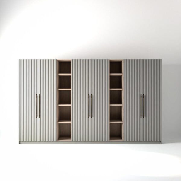 3.8 metre light grey coloured freestanding wardrobe by On-Trend Wardrobes, with ribbed door design and slim open oak shelving units between each wardrobe, in a white studio setting