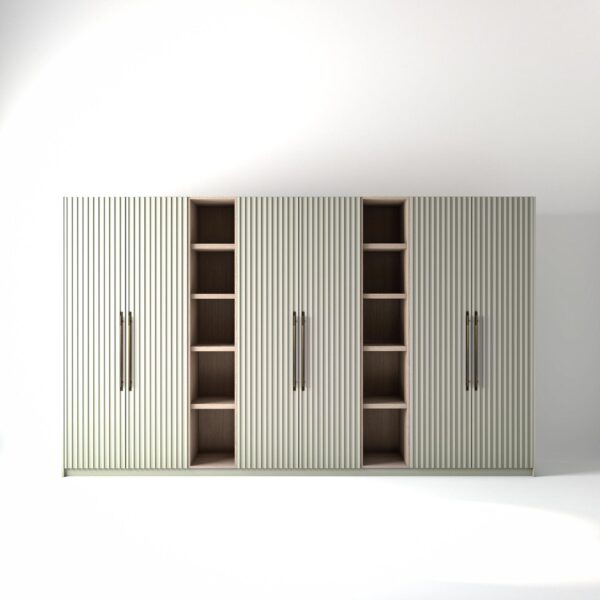 3.8 metre off-white coloured freestanding wardrobe by On-Trend Wardrobes, with ribbed door design and slim open oak shelving units between each wardrobe, in a white studio setting
