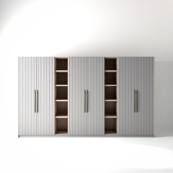 3.8 metre white coloured freestanding wardrobe by On-Trend Wardrobes, with ribbed door design and slim open oak shelving units between each wardrobe, in a white studio setting