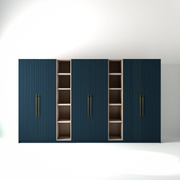 3.8 metre blue coloured freestanding wardrobe by On-Trend Wardrobes, with ribbed door design and slim open oak shelving units between each wardrobe, in a white studio setting