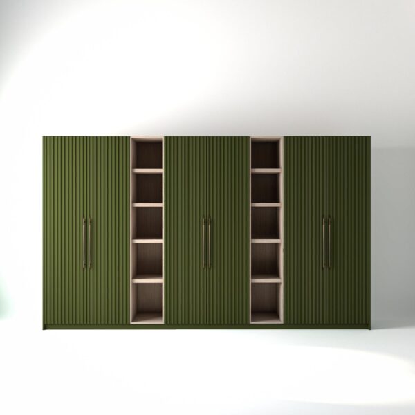 3.8 metre olive coloured freestanding wardrobe by On-Trend Wardrobes, with ribbed door design and slim open oak shelving units between each wardrobe, in a white studio setting