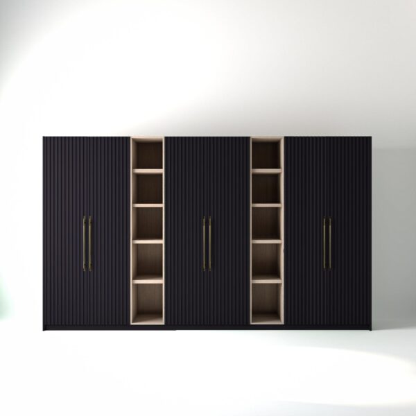 3.8 metre plum coloured freestanding wardrobe by On-Trend Wardrobes, with ribbed door design and slim open oak shelving units between each wardrobe, in a white studio setting