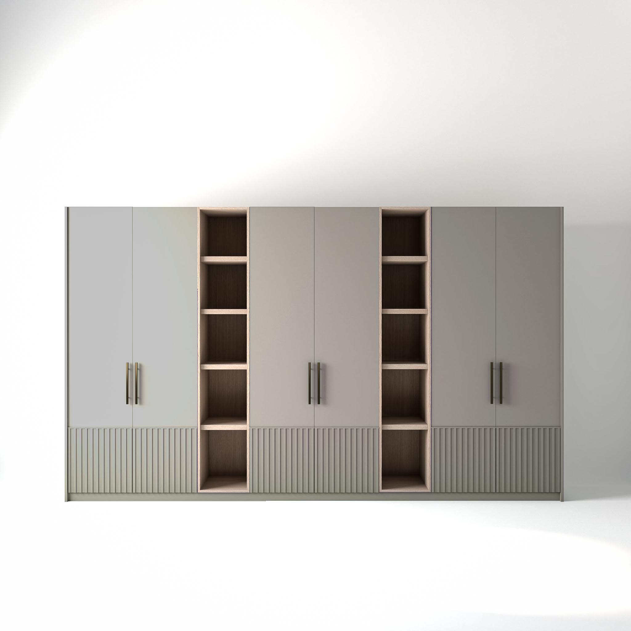 3.8 metre grey coloured freestanding wardrobe by On-Trend Wardrobes, with low ribbed door design and slim open oak shelving units between each wardrobe, in a white studio setting