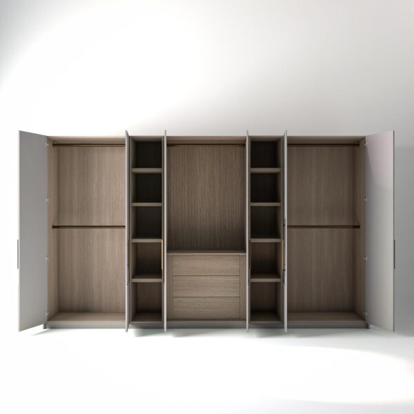 3.8 metre light grey coloured freestanding wardrobe by On-Trend Wardrobes, all doors open showing oak internals with a mix of hanging rails, slim shelving units and drawer units