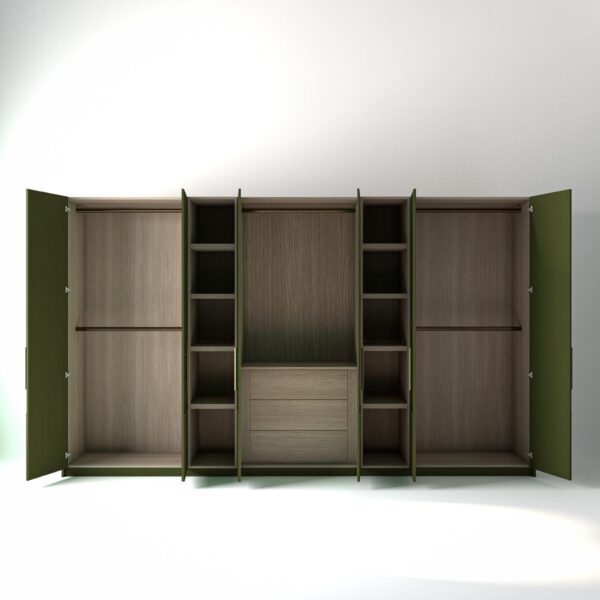 3.8 metre olive coloured freestanding wardrobe by On-Trend Wardrobes, all doors open showing oak internals with a mix of hanging rails, slim shelving units and drawer units