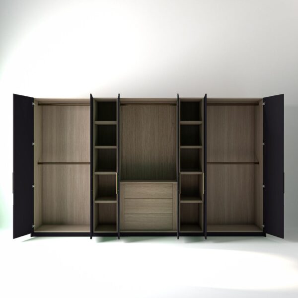 3.8 metre plum coloured freestanding wardrobe by On-Trend Wardrobes, all doors open showing oak internals with a mix of hanging rails, slim shelving units and drawer units