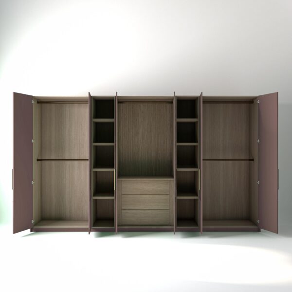 3.8 metre blush pink coloured freestanding wardrobe by On-Trend Wardrobes, all doors open showing oak internals with a mix of hanging rails, slim shelving units and drawer units