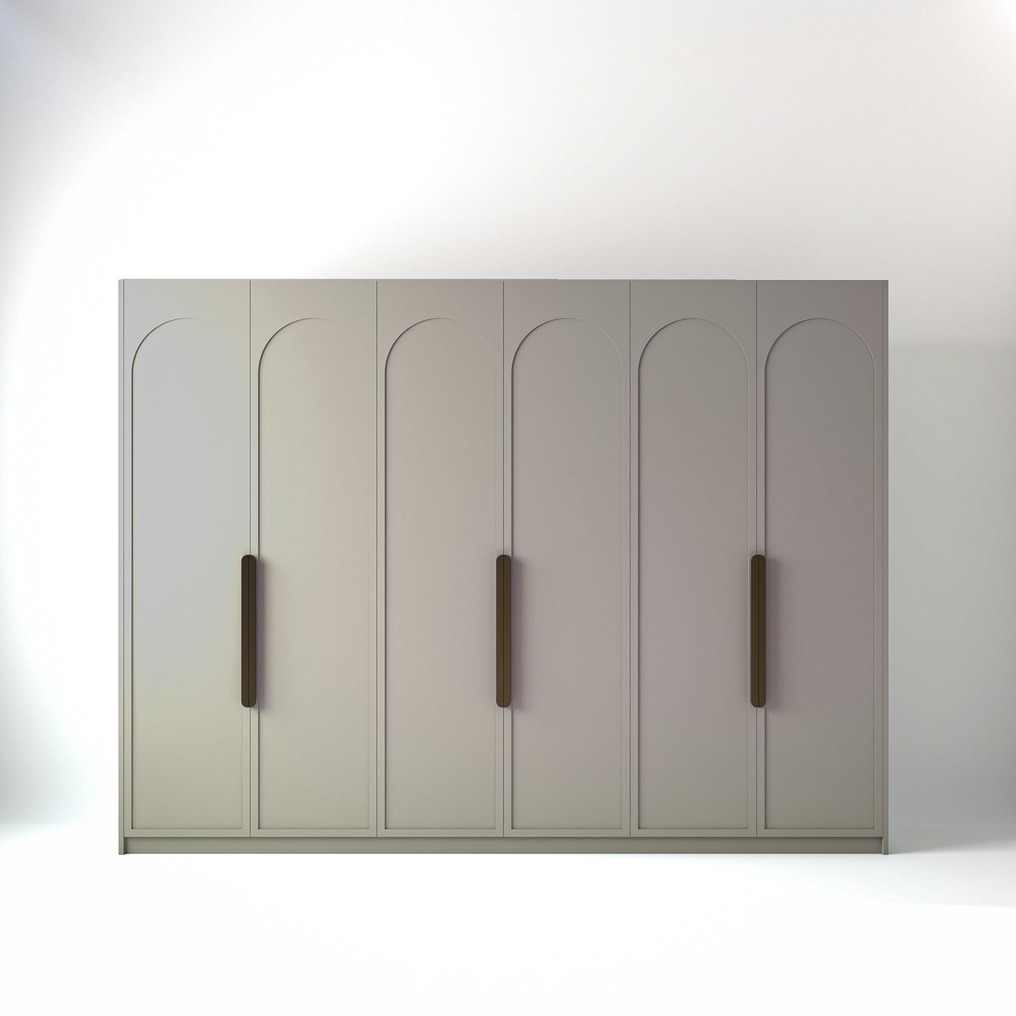 3 metre grey coloured freestanding wardrobe by On-Trend Wardrobes, with arched shaker door design in a white studio setting