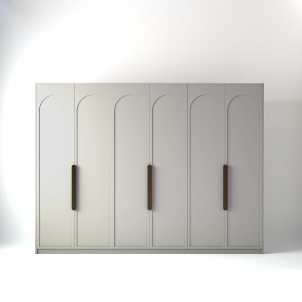 3 metre light grey coloured freestanding wardrobe by On-Trend Wardrobes, with arched shaker door design in a white studio setting