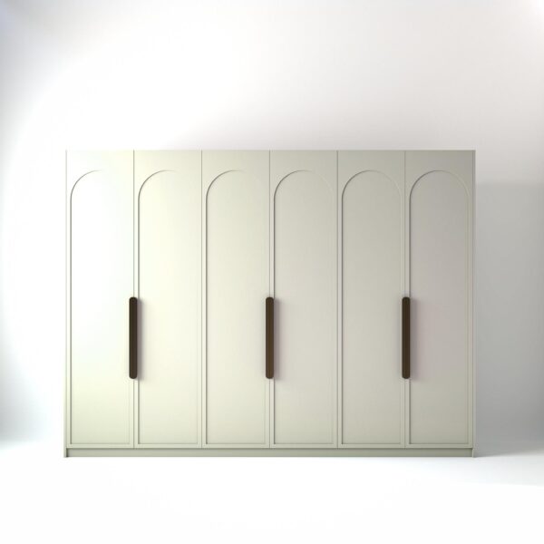 3 metre off-white coloured freestanding wardrobe by On-Trend Wardrobes, with arched shaker door design in a white studio setting
