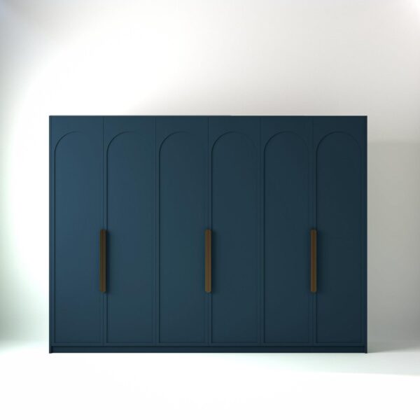 3 metre blue coloured freestanding wardrobe by On-Trend Wardrobes, with arched shaker door design in a white studio setting