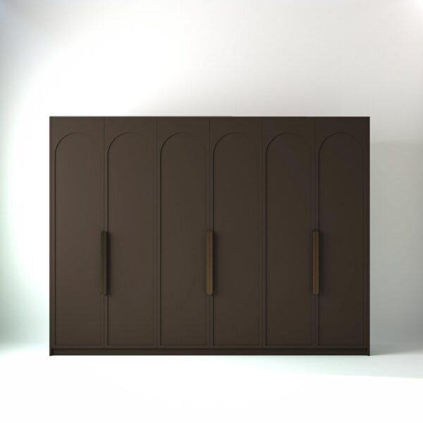 3 metre clay coloured freestanding wardrobe by On-Trend Wardrobes, with arched shaker door design in a white studio setting