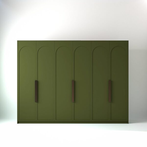3 metre olive coloured freestanding wardrobe by On-Trend Wardrobes, with arched shaker door design in a white studio setting