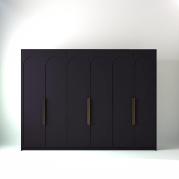 3 metre plum coloured freestanding wardrobe by On-Trend Wardrobes, with arched shaker door design in a white studio setting