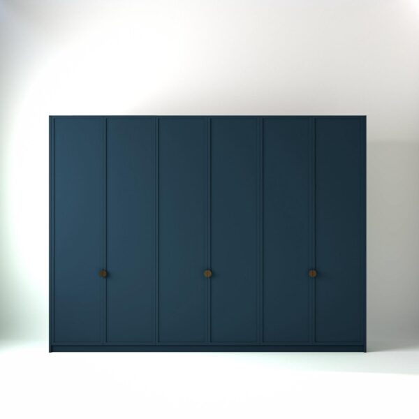 3 metre blue coloured freestanding wardrobe by On-Trend Wardrobes, with modern shaker door design in a white studio setting
