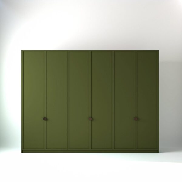 3 metre olive coloured freestanding wardrobe by On-Trend Wardrobes, with modern shaker door design in a white studio setting