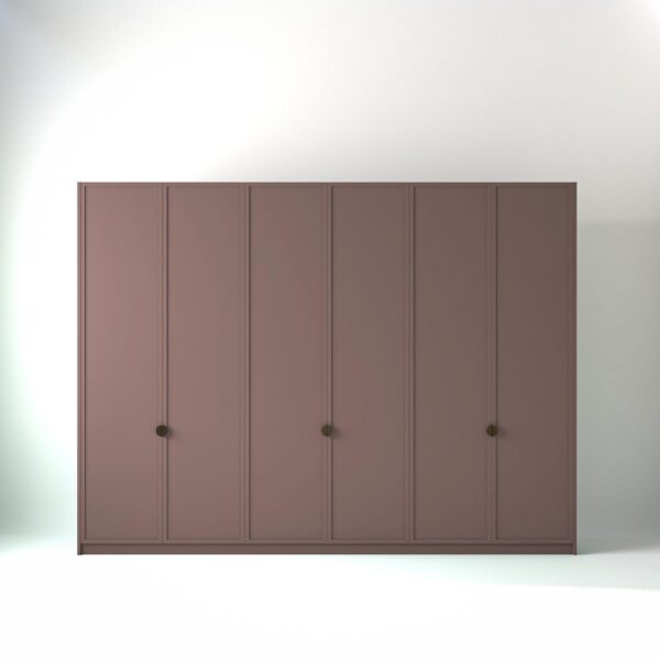 3 metre blush pink coloured freestanding wardrobe by On-Trend Wardrobes, with modern shaker door design in a white studio setting