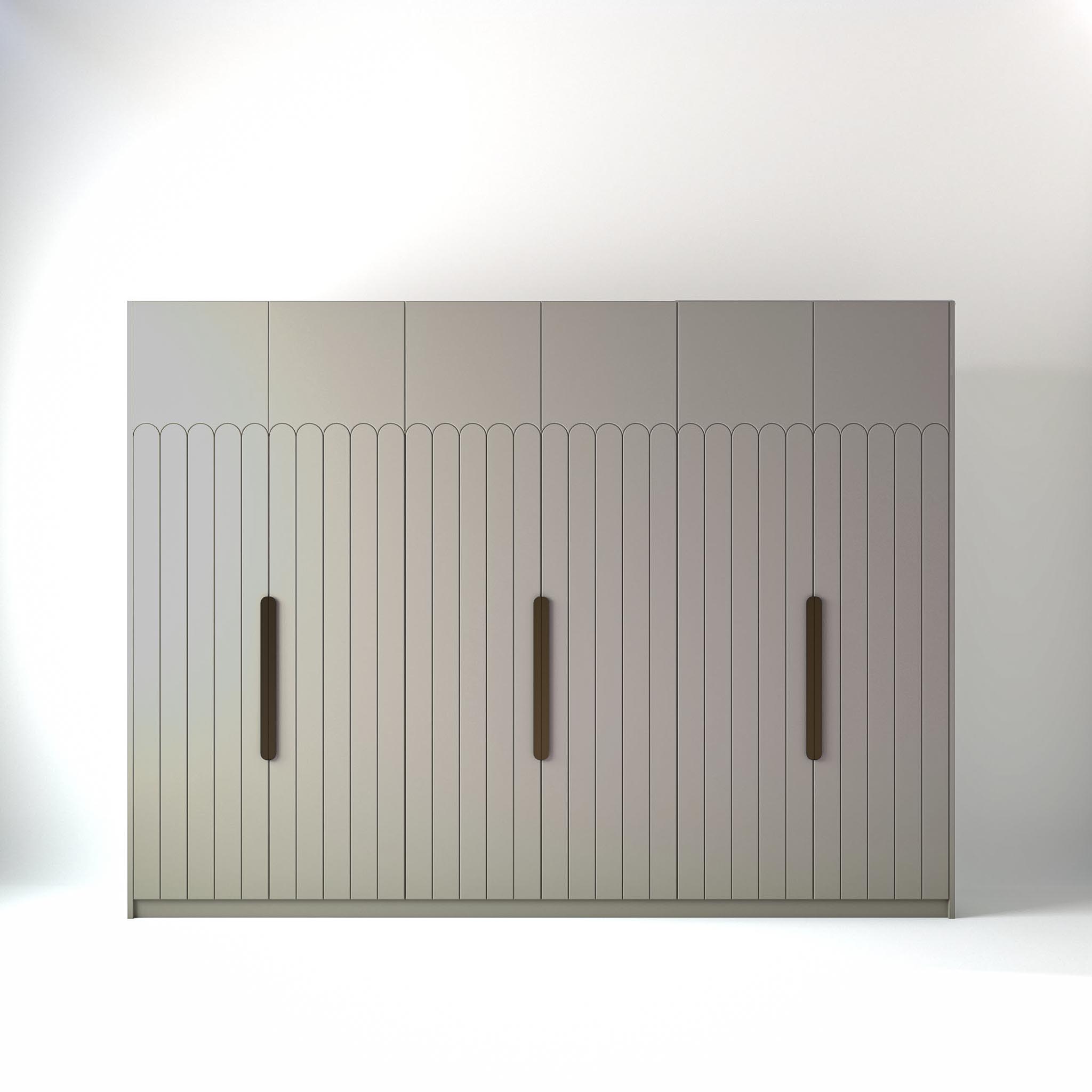 3 metre gray coloured freestanding wardrobe by On-Trend Wardrobes, with Geo Deco door design in a white studio setting
