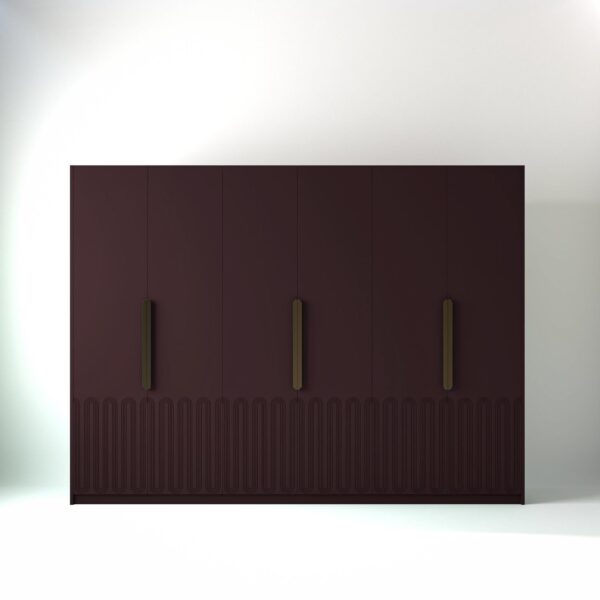 3 metre wine coloured freestanding wardrobe by On-Trend Wardrobes, with Art Deco door design and an oak open storage unit between each wardrobe, in a white studio setting