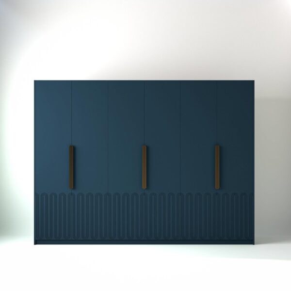 3 metre blue coloured freestanding wardrobe by On-Trend Wardrobes, with Geo Miami door design in a white studio setting
