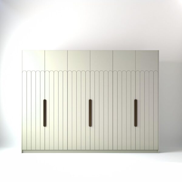3 metre off-white coloured freestanding wardrobe by On-Trend Wardrobes, with Geo Deco door design in a white studio setting