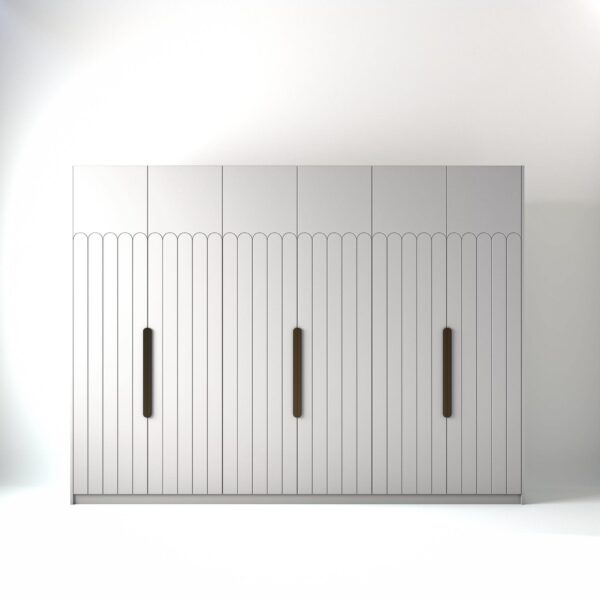 3 metre white coloured freestanding wardrobe by On-Trend Wardrobes, with Geo Deco door design in a white studio setting