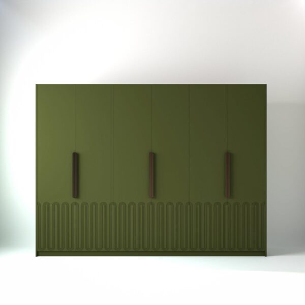 3 metre olive coloured freestanding wardrobe by On-Trend Wardrobes, with Geo Deco door design in a white studio setting