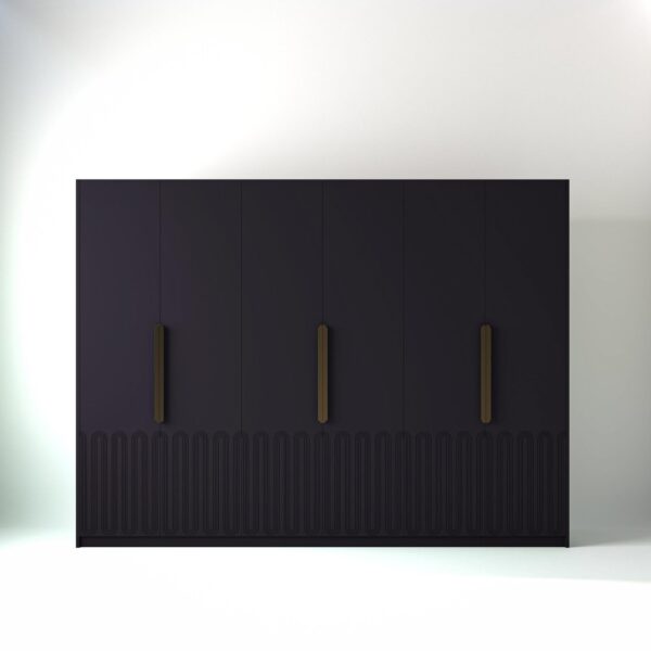 3 metre plum coloured freestanding wardrobe by On-Trend Wardrobes, with Geo Miami door design in a white studio setting