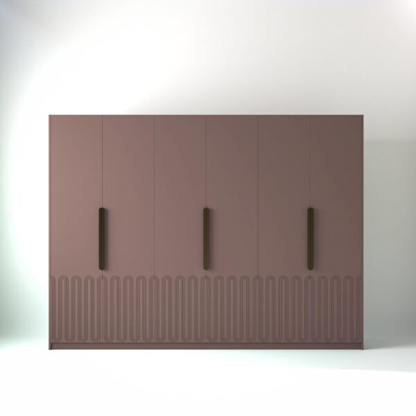 3 metre bash pink coloured freestanding wardrobe by On-Trend Wardrobes, with Geo Miami door design in a white studio setting